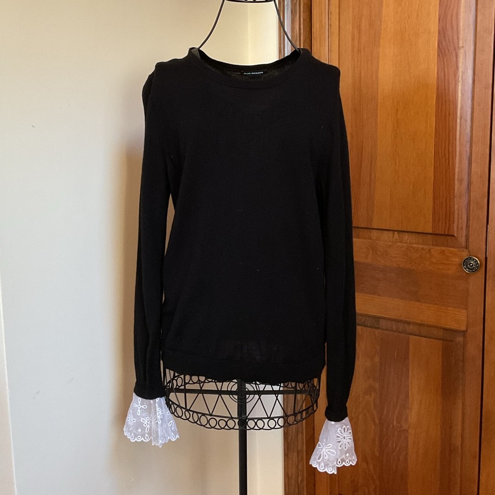 Club Monaco Wool Knit Stretch Eyelet Lace Bell Sleeve Pullover Sweater Black M